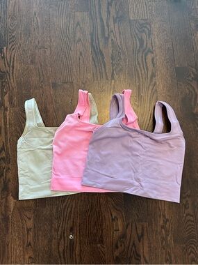 all in motion Ribbed Crop Tank Trio in Lavender, Pink, and butter yellow